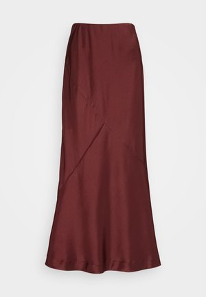 Burgunderfarbenen Satin-Midi-Rock mit glatter Textur, asymmetrischem Design und taillierter Taille für eine elegante Silhouette.