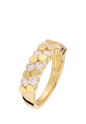 Goldener Ring mit abwechselnden runden klaren Edelsteinen und polierten Goldkreisen, angeordnet in zwei Reihen.