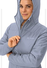 Giacca isolante grigia chiara con cappuccio, chiusura zip sul davanti e polsini elasticizzati. Presenta una texture liscia e lucida e un marchio sul petto.