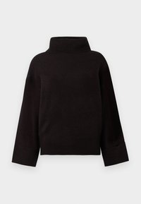 Pull en tricot noir avec un col montant, des épaules tombantes et des manches larges. Caractérisé par une texture douce et un ourlet court.