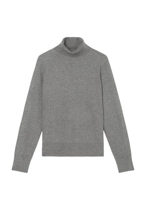 Grauer Rollkragenpullover mit langen Ärmeln, gerippten Bündchen und Saum, flach auf einem weißen Hintergrund liegend dargestellt.