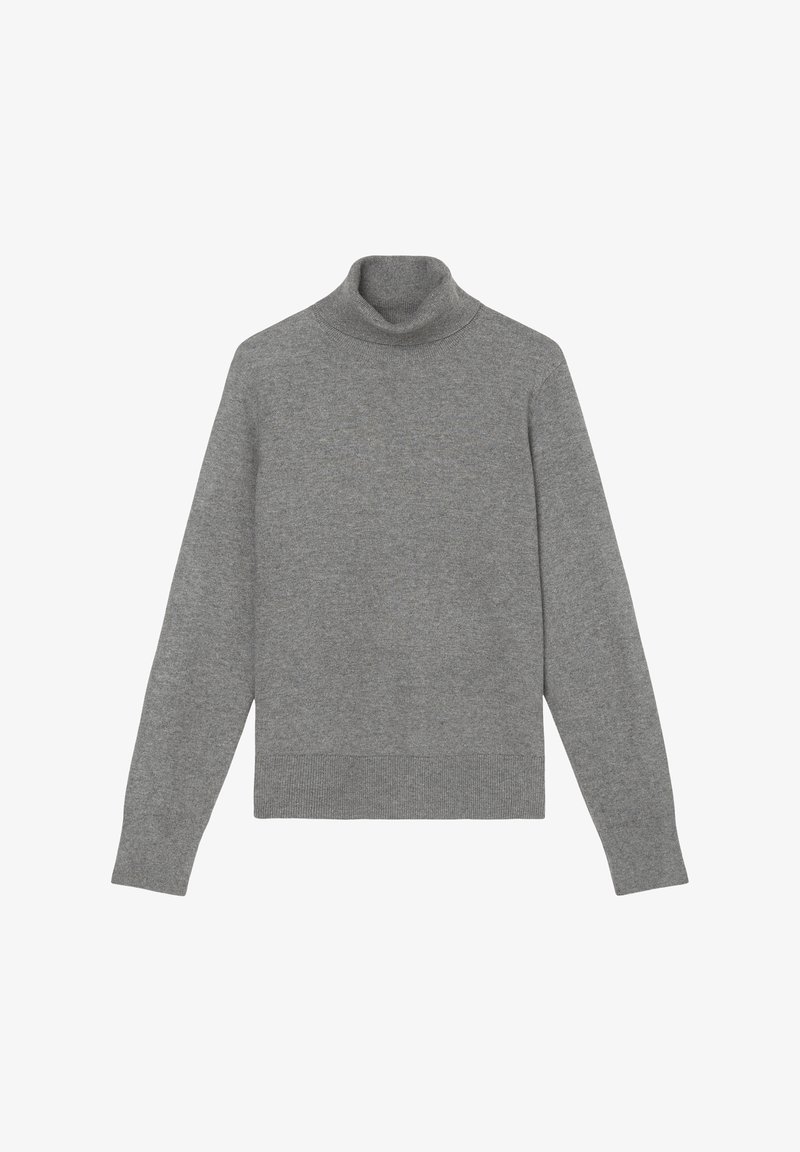 Pull à col roulé gris à manches longues avec poignets et ourlet côtelés, présenté à plat sur un fond blanc.