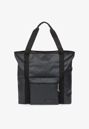 Zwarte tote bag met een rechthoekige vorm. Gemaakt van glad, waterdicht materiaal. Beschikt over twee stevige stoffen handvatten en een voorkant met ritszak.