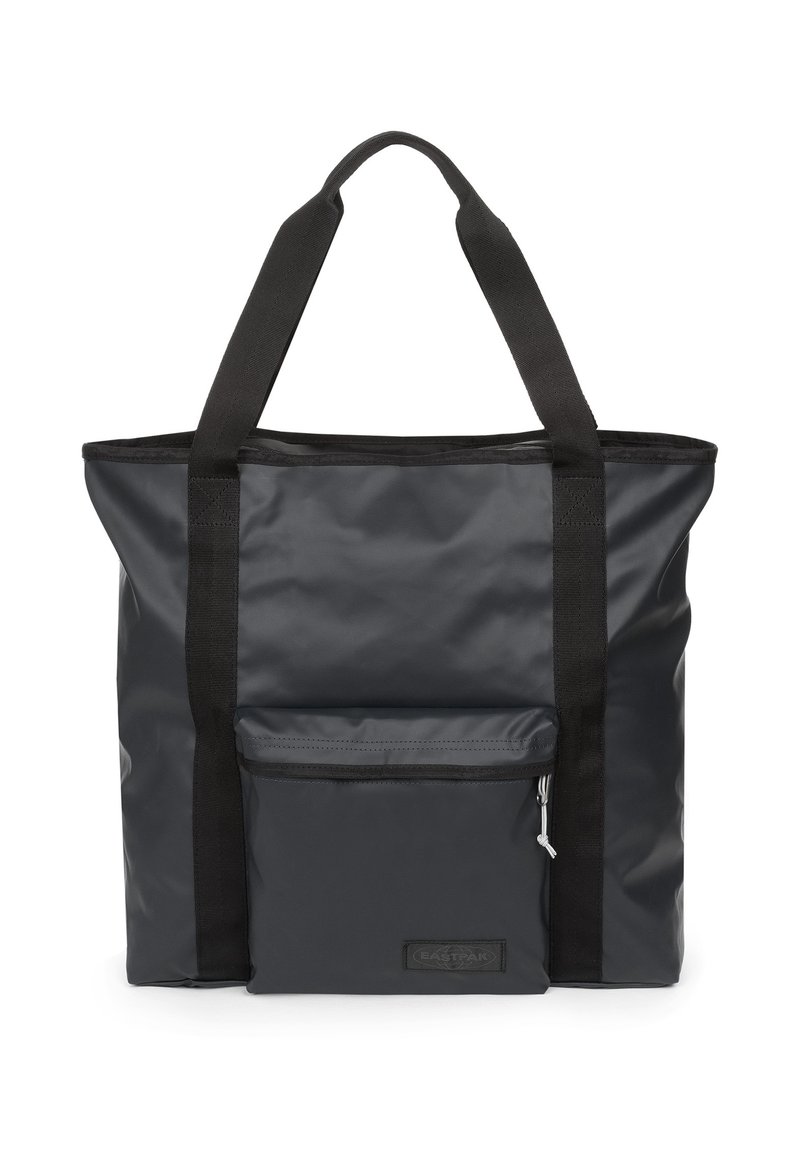 Borsa tote nera con forma rettangolare. Realizzata in materiale liscio e impermeabile. Presenta due robusti manici in tessuto e una tasca frontale con zip.