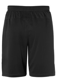Shorts de sport noirs avec une texture lisse, dotés d'une taille élastique en mesh et d'un design simple et épuré, sans poches.