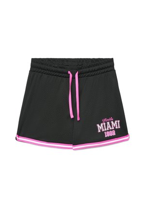 Pantaloncini sportivi neri in rete con coulisse rosa, rifiniture rosa e scritta "Florida Miami 1982" sul lato inferiore sinistro.