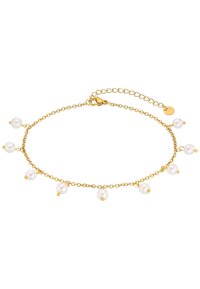Pulsera de cadena de oro con varias pequeñas perlas blancas distribuidas uniformemente a lo largo del diseño, con un cierre de langosta y longitud ajustable.