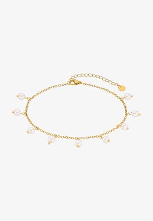 Bracciale in oro con diverse piccole perle bianche equamente distribuite lungo il design, dotato di moschettone e lunghezza regolabile.