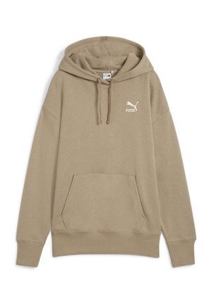 Beige Puma hættetrøje med snoretræk, front kængurulomme, ribkant på ærmer og kant samt Puma-logo på venstre bryst.