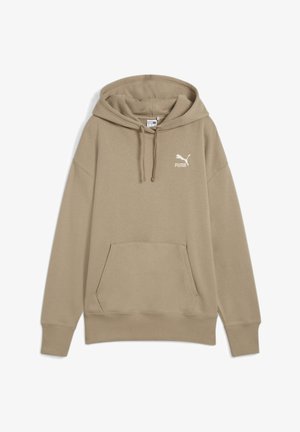 Sudadera con capucha beige de Puma con cordones, bolsillo canguro delantero, puños y dobladillo acanalados, y logo de Puma en el pecho izquierdo.