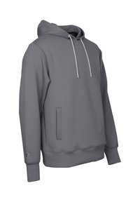 Grå huvtröja med en mjuk textur, snörning i huva, framficka och ribbade ärmslut. Minimalistisk design utan mönster eller logotyper.