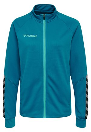 Teal zip-up jack gemaakt van textuurstof. Heeft een hoge kraag, contrasterende rits en zwart-grijze chevronaccenten op de mouwen.