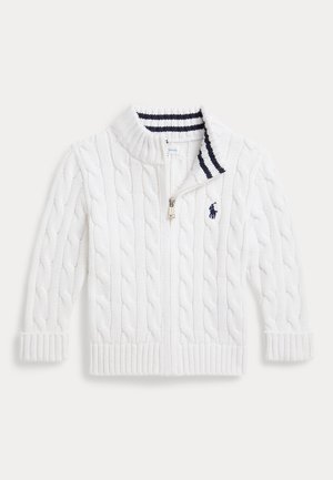 Λευκό πουλόβερ με πλέξη καλωδίου και φερμουάρ, με ριμπ μανσέτες και γιακά, με ναυτικό μπλε ρίγες στο εσωτερικό του γιακά και μικρό κεντημένο λογότυπο στο στήθος.