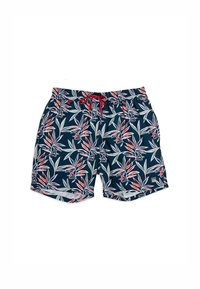 Zwemshorts voor heren, marineblauwe achtergrond met een tropisch bladerenpatroon in wit en koraal, elastische tailleband met een rode trekkoord, lichtgewicht stof.