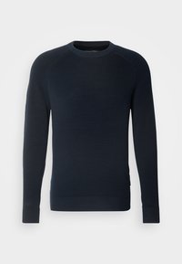 Marineblauer Rundhals-Pullover mit gerippter Textur, langen Ärmeln und enganliegenden Bündchen. Verfügt über ein dezentes horizontales Muster.