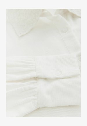 Nærbillede af hvidt fløjlskjole med sammensnørrede lange ærmer og en del af lace-krave detalje.