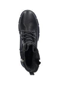 Bottines noires à lacets en cuir, dotées d'un dessus texturé, d'un col rembourré et d'une doublure intérieure douce avec une fermeture éclair sur le côté.