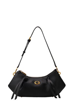 Black leather shoulder bag with adjustable strap, gold zipper, decorative tassels, and gold oval emblem on front center.