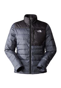 Kurtka puchowa w ciemnoszarym i czarnym kolorze, z zamkiem błyskawicznym z przodu, wysokim kołnierzem i poziomym pikowaniem, z logo na piersi.