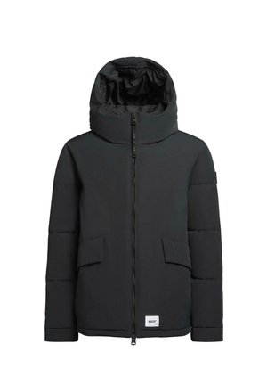 Black puffer jacket with a high collar and adjustable hood, featuring a front zipper, two side pockets, and a small logo tag at the hem.