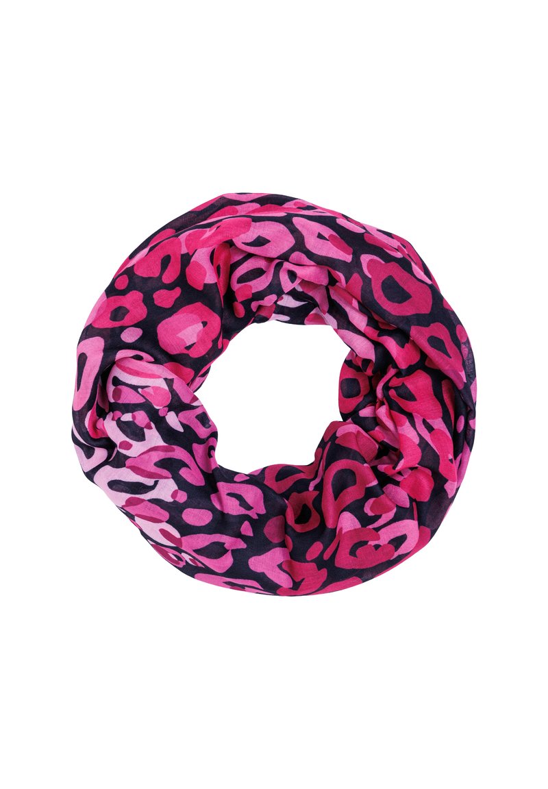 Looped scarf made of lightweight fabric featuring a pink and purple leopard print pattern on a dark background.