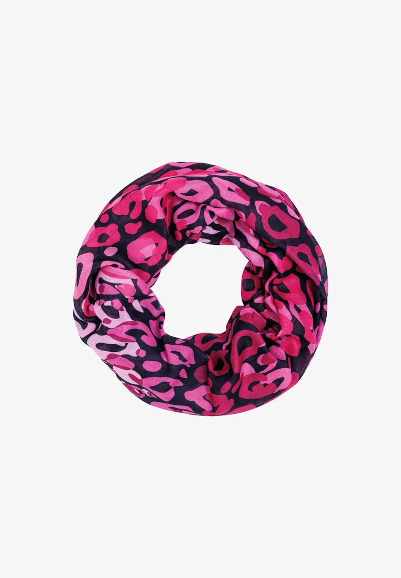 Looped scarf made of lightweight fabric featuring a pink and purple leopard print pattern on a dark background.