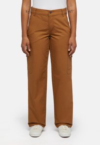 Brown, wide-leg pants with front pockets and additional side pockets. Made of sturdy material, featuring a button closure and belt loops.