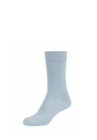 Calzino di cotone azzurro chiaro con un bordo a coste, texture liscia e lunghezza standard da crew. Adatto per un abbigliamento casual.