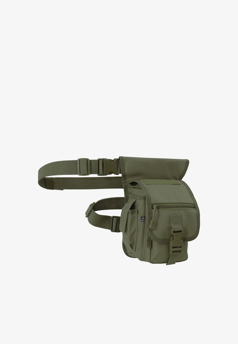 Opasková taška olivově zelené barvy s několika kapsami na zip a s přezkami, nastavitelný popruh a boční kapsy navržené pro nošení osobních věcí.