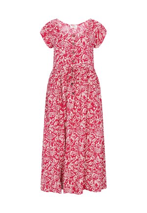 Czerwona sukienka midi z białym kwiatowym wzorem, krótkimi rękawami, zapinana z przodu na guziki, z marszczonym paskiem w talii, prezentowana na białym tle.