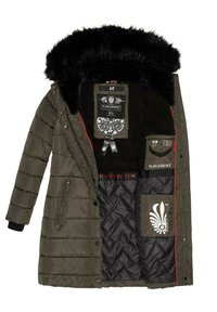 Olive green puffer jacket with a faux fur hood. Features quilted interior, red accents, multiple pockets, and a floral design detail.