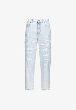 Jeans in denim azzurro chiaro con vita alta, dettagli strappati sul davanti, orli sfrangiati e design classico a cinque tasche.