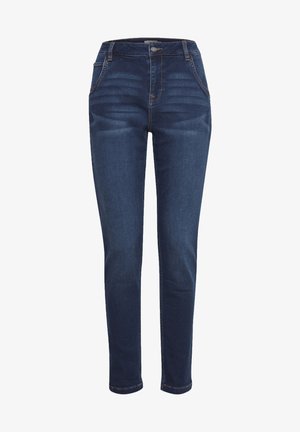 Tumedad sinised teksad sirge säärega, millel on viis taskut, nööbiga sulgumine ja peened kulumisdetailid esimeses osas.