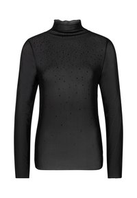 Schwarzes, durchsichtiges Langarm-Turtleneck-Oberteil mit verstreuten kleinen schwarzen Perlenverzierungen auf der Vorderseite und den Ärmeln.