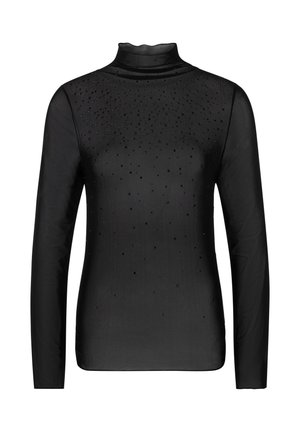 Schwarzes, durchsichtiges Langarm-Turtleneck-Oberteil mit verstreuten kleinen schwarzen Perlenverzierungen auf der Vorderseite und den Ärmeln.