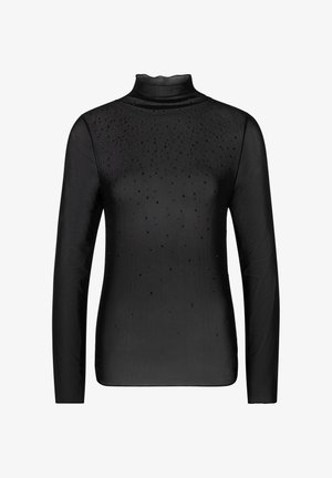 Schwarzes, durchsichtiges Langarm-Turtleneck-Oberteil mit verstreuten kleinen schwarzen Perlenverzierungen auf der Vorderseite und den Ärmeln.