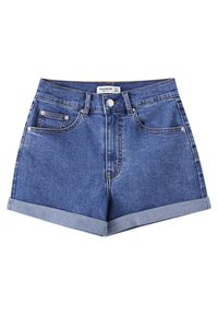 Shorts en jean bleu taille haute avec revers roulés, bouton sur le devant, fermeture éclair, passants pour ceinture et design à cinq poches.