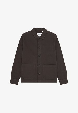 Tumehall puuvillane jope, millel on nööbitav esiosa, terav krae ja kaks esist taskut. Pehme tekstuur ja minimaalne detailirohkus.