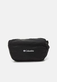 Geantă rectangulară neagră Columbia, fabricată din nailon, cu închidere cu fermoar, având un logo alb pe față. Textură netedă, fără modele suplimentare.
