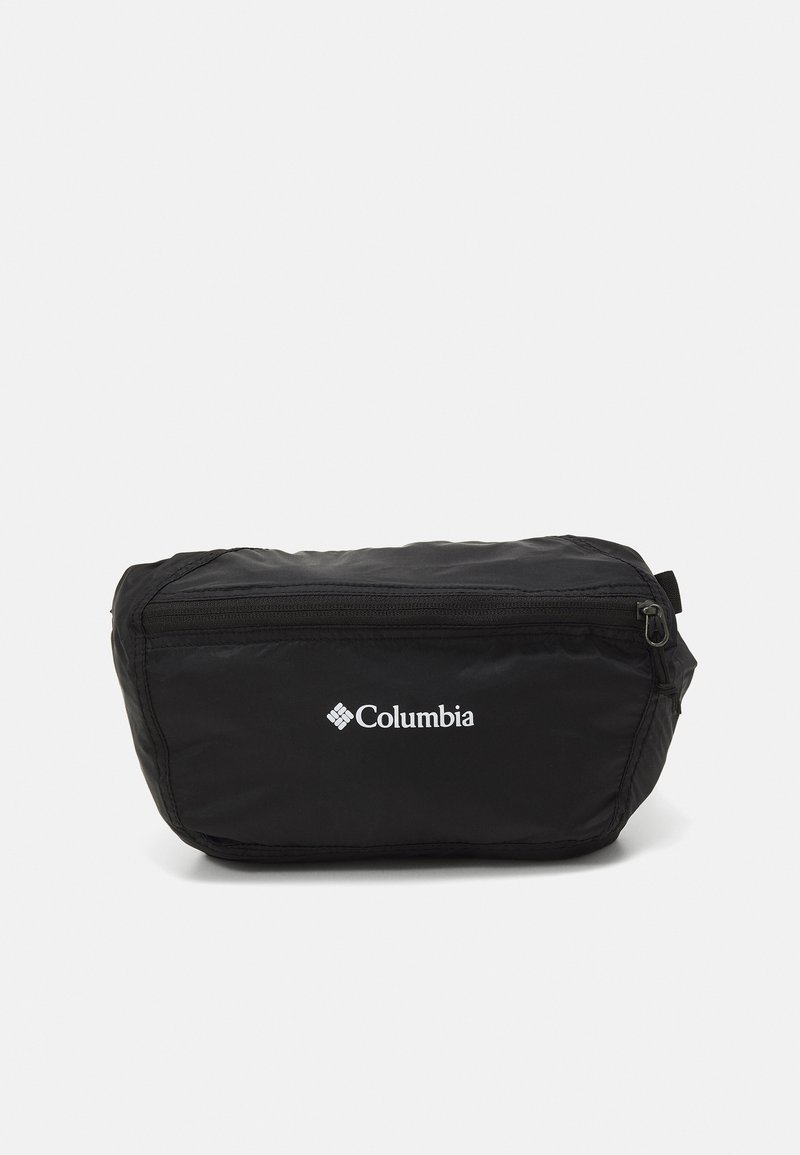 Geantă rectangulară neagră Columbia, fabricată din nailon, cu închidere cu fermoar, având un logo alb pe față. Textură netedă, fără modele suplimentare.