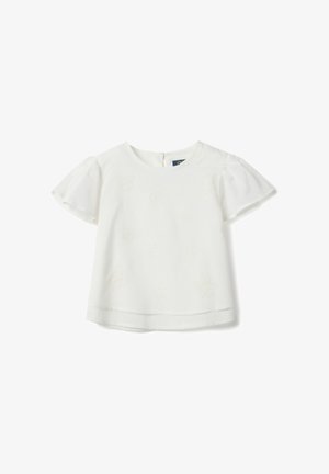 Blusa bianca a maniche corte con maniche gonfie, scollo rotondo, delicati motivi floreali ricamati e dettaglio di orlo a strati.