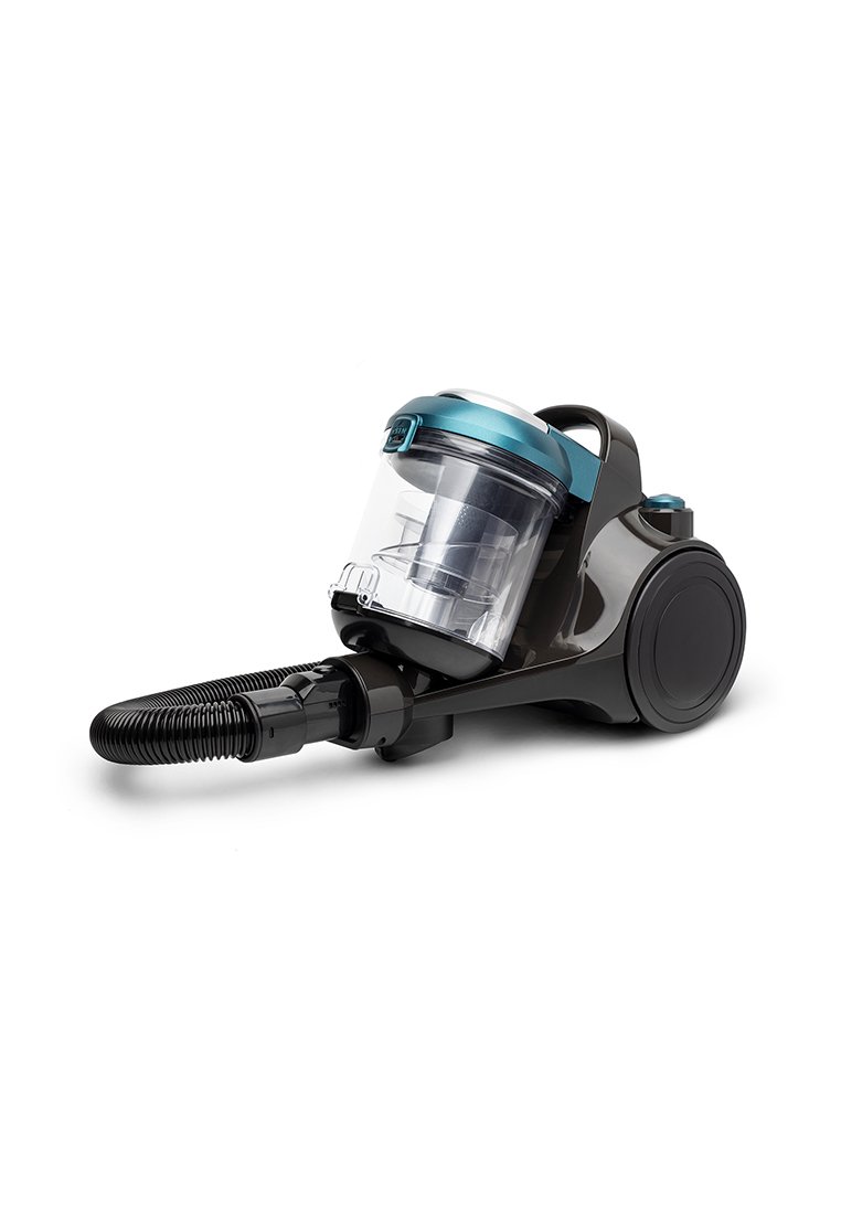 Aspirateur traîneau compact avec réservoir à poussière transparent, flexible noir et un corps teal et noir sur fond blanc.