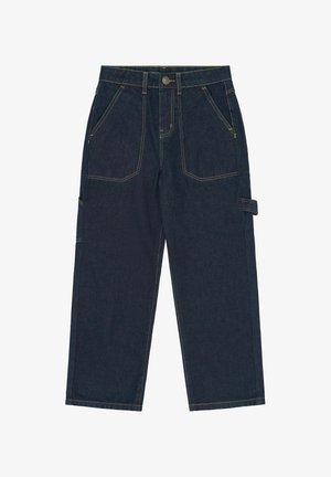 Mørkeblå denim arbejdsmandsbukser med vide ben, frontlommer, bæltestropper, knaplukning og en sidelomme til værktøj på højre ben.