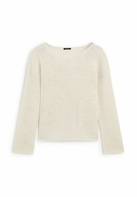 Lysecremefarvet strikket sweater med lange ærmer, bred bådudskæring og løs pasform. Tekstureret mønster over hele, let cropped længde.