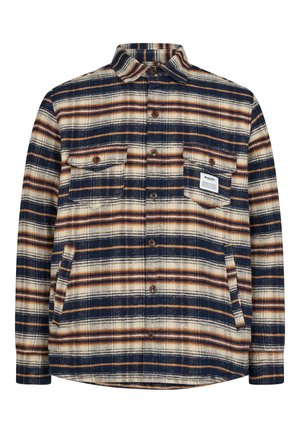 Checkered flannel shirt in navy, cream, and brown colors. Features two chest pockets, a button-down collar, and a straight hem.