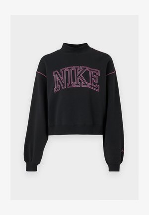 Melnā īsā džemperis ar augstu apkakli, garām piedurknēm un rozā "NIKE" logotipu un izšuvuma akcentiem priekšā un uz pleciem.