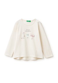 Krémová košile s dlouhým rukávem vyrobená z měkké látky s kulatým výstřihem. Obsahuje zimní motivy: šálu, čepici a rukavice.