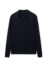 Black ribbed long-sleeve sweater with a wide collar and V-neck opening, displayed flat on a white background.