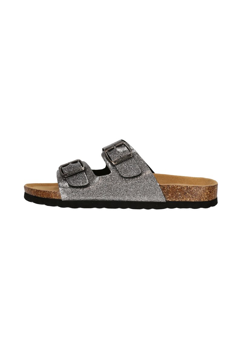Glittrig silverfärgad slide-sandal med två justerbara spännen, kork-mellansula och svart texturerad yttersula. Designad för avslappnad användning.