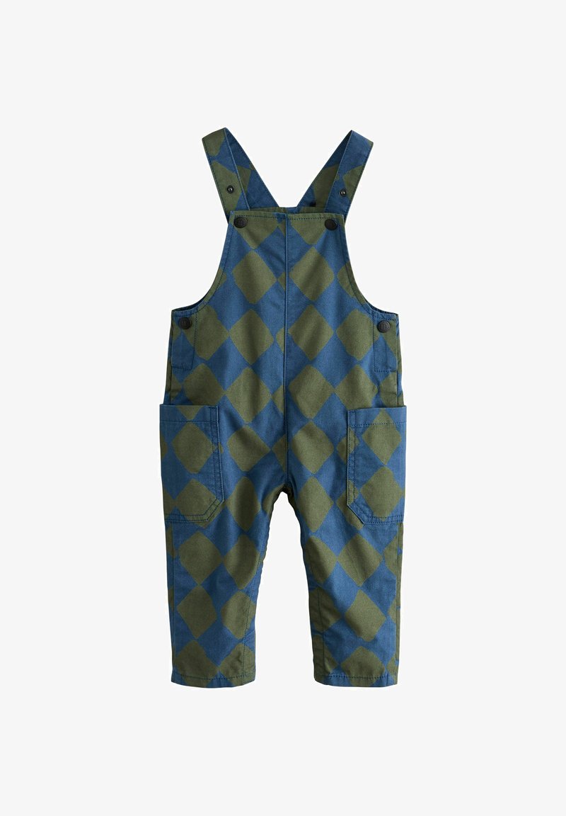 Blaue und grüne karierte Latzhose aus Baumwolle, mit zwei Seitentaschen und verstellbaren Trägern mit Knopfverschlüssen.